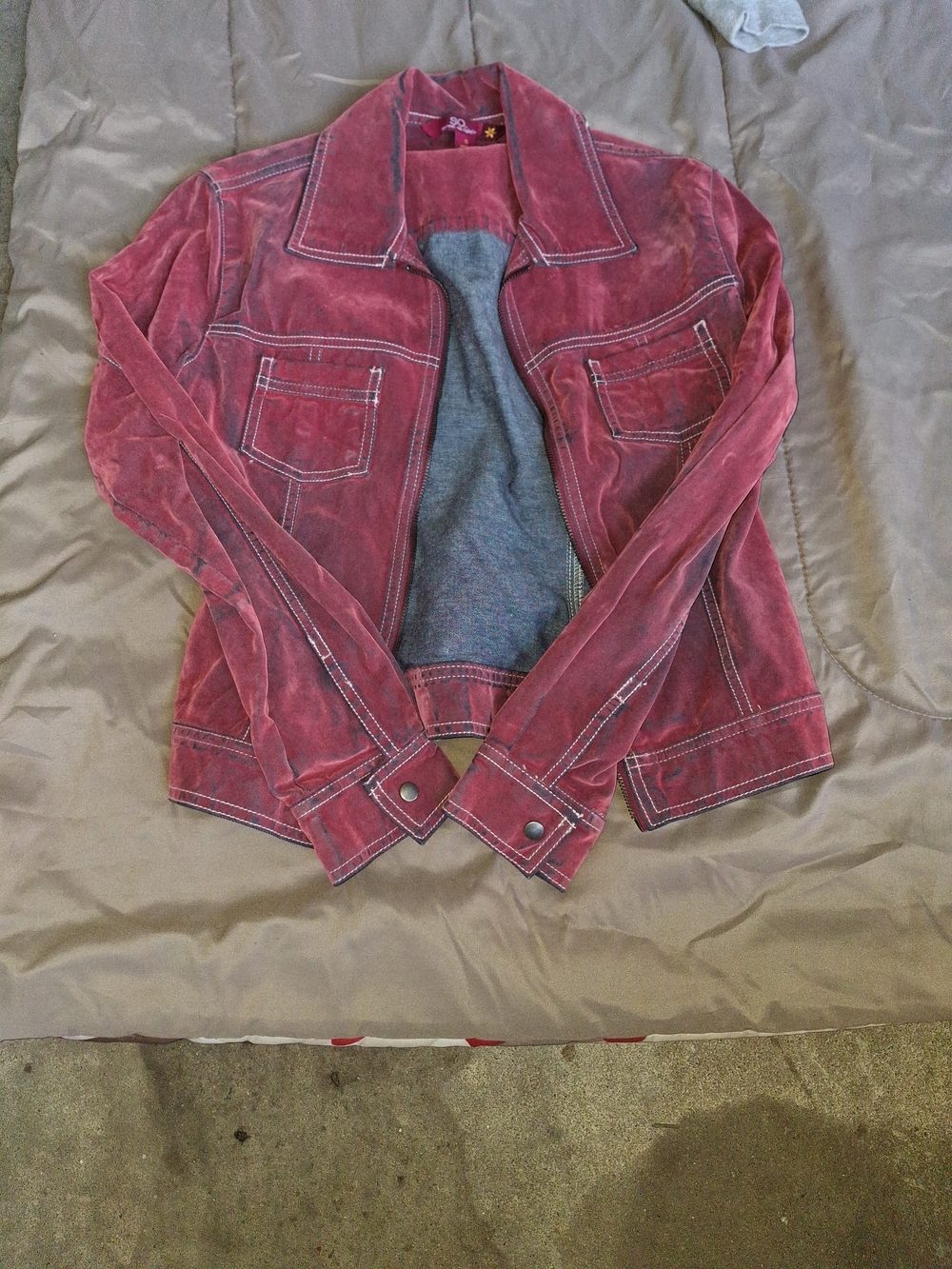 Red Suede-Look Jacket with Contrast Stitching